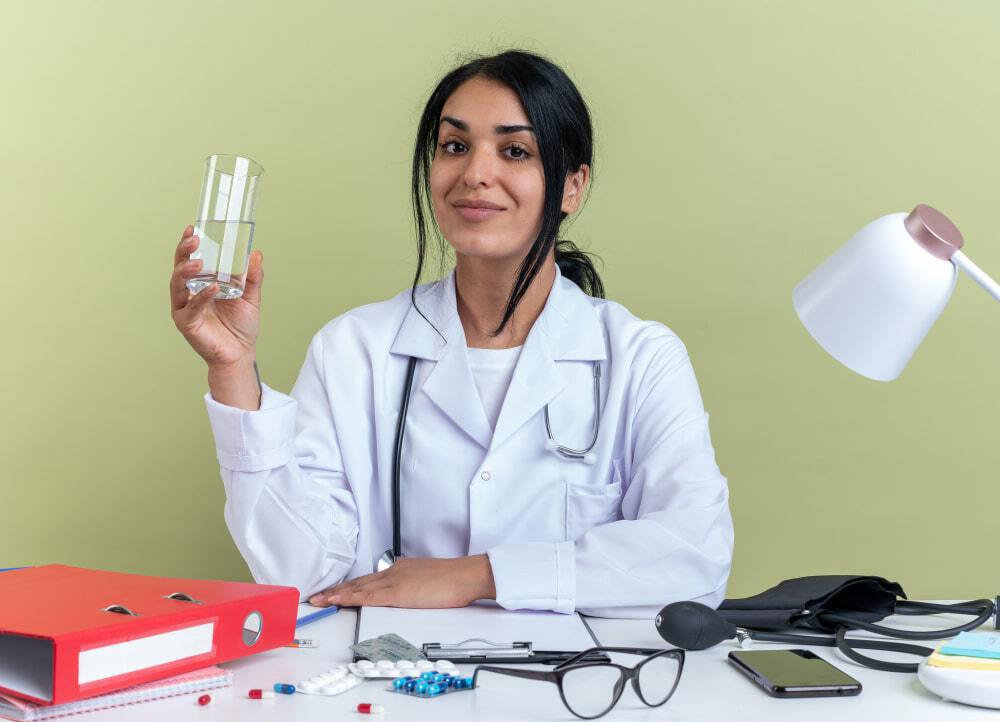 jeune-femme-medecin-tenant-verre-eau